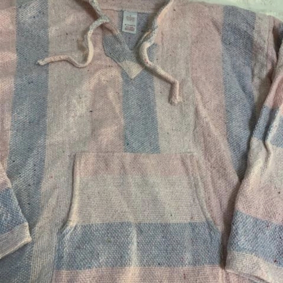 Y2K Vintage Baja Hoodie Drug Rug Pink Blue Striped Pullover Large Mexican Jumper - Picture 3 of 5